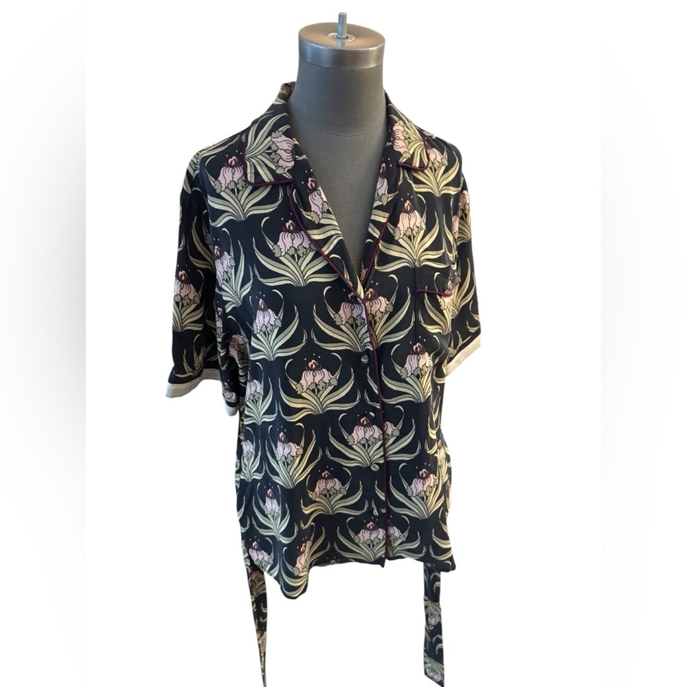 Markus Lupfer Floral Silk Pajama Shirt Belt Medium - Picture 6 of 13